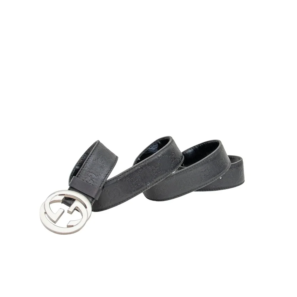 Gucci Men's Interlocking GG Belt Black Leather‎ Silver Buckle Size 95/38